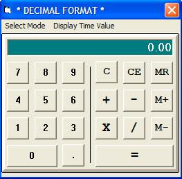 Displays a calculator that can compute decimal and time values. The calculator initially displays in the Decimal format. To use the Time format, click on the Select Mode menu to display the choices.