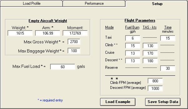 The program uses this data to determine the center of gravity (CG) of the aircraft for takeoff and landing. The program uses the aircraft owner's supplied information.