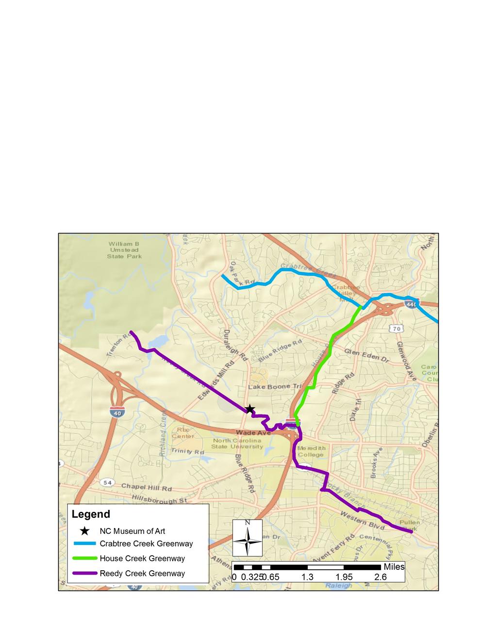Figure 1. Map showing how the House Creek Greenway (green) connects the Crabtree Creek Greenway (blue) to the Reedy Creek Greenway (purple). The star indicates the location of the NCMA.