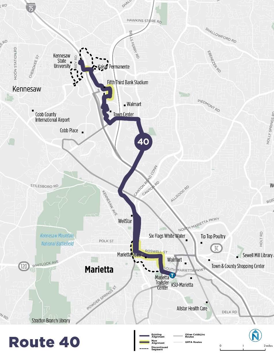 Route 40 Route 40's alignment is modified to provide more direct service to downtown Marietta, WellStar, Town Center, and KSU.