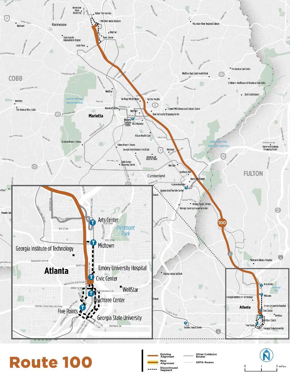 Route 100 Route 100 will no longer circulate through Downtown Atlanta and will serve Civic Center Station only. An extra afternoon trip is added using resources saved by this change.
