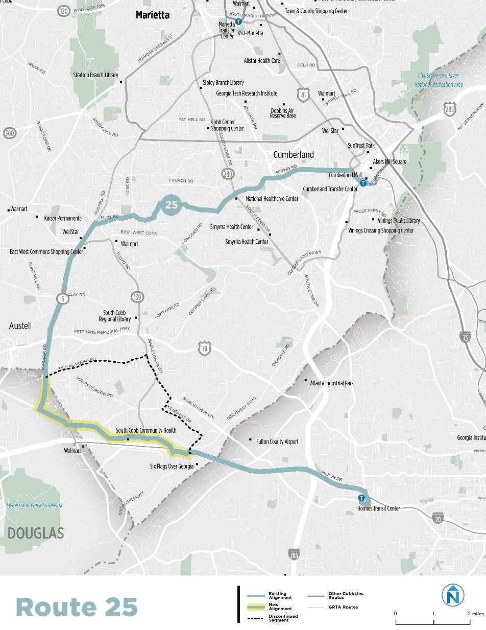 Route 25 Route 25's alignment is modified to continue south on Austell Road to Thornton Road before continuing on to Six Flags and H.E. Holmes Station.