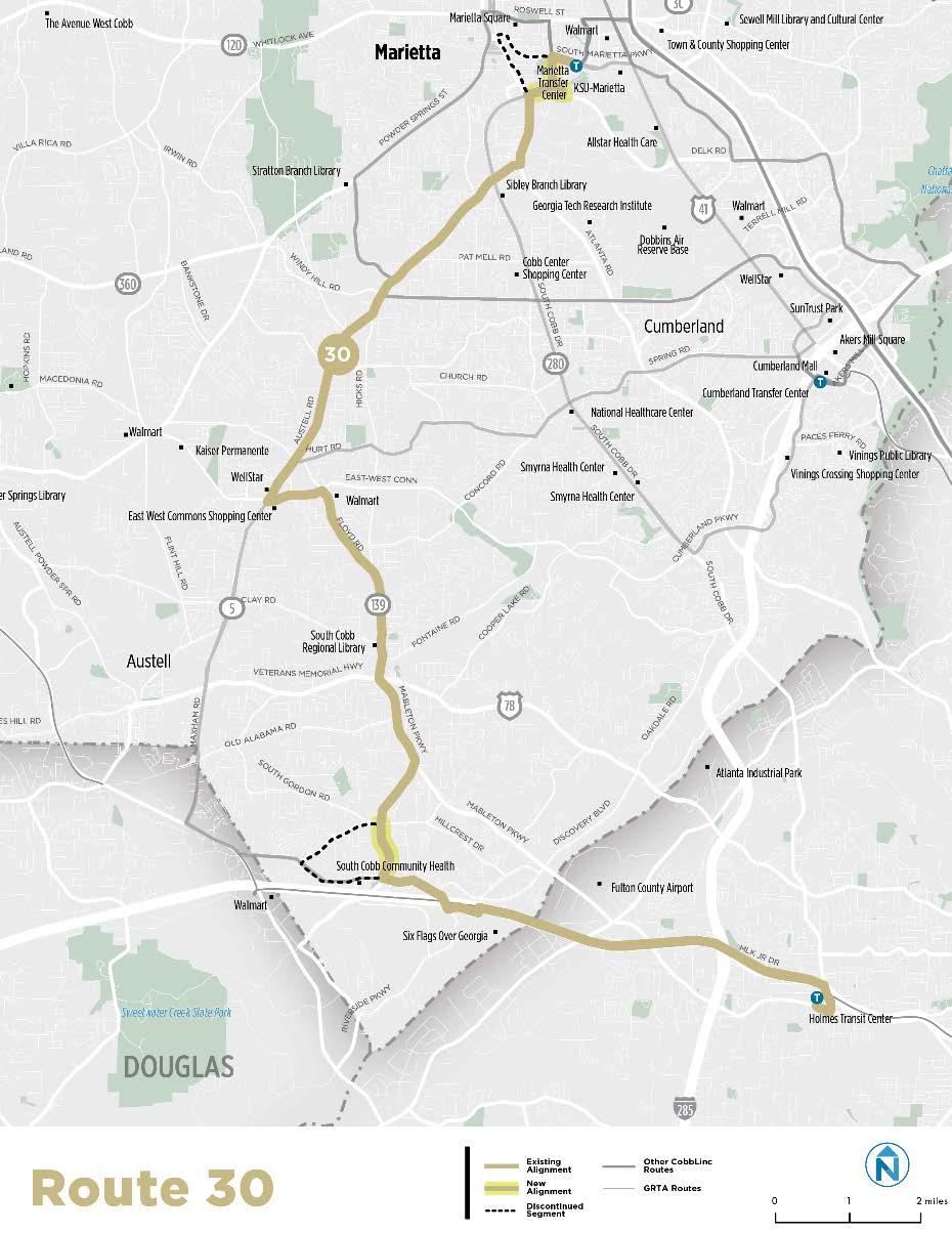 Route 30 Route 30 s alignment is modified to serve Factory Shoals Road to connect Mableton Pkwy and Riverside Pkwy.