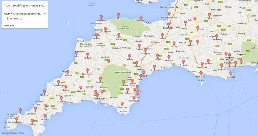 SOUTH WESTERN AMBULANCE SERVICE NHS TRUST Asburton, Axminster, Barnstaple, Bideford, Blandford, Bodmin, Bournemouth, Bridgwater, Bridport, Brixham, Bude, Burnham-on-Sea, Camelford, Castle Cary,