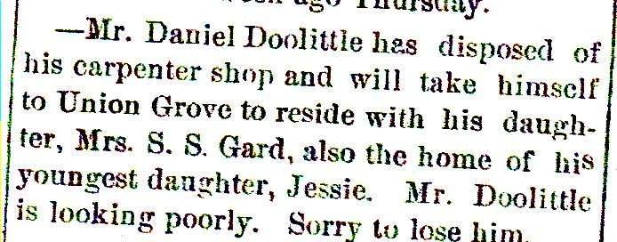November 28, 1877, Evansville Review, p. 3, col. 2, Evansville, Wisconsin Death of Mr. Daniel Doolittle Mr.