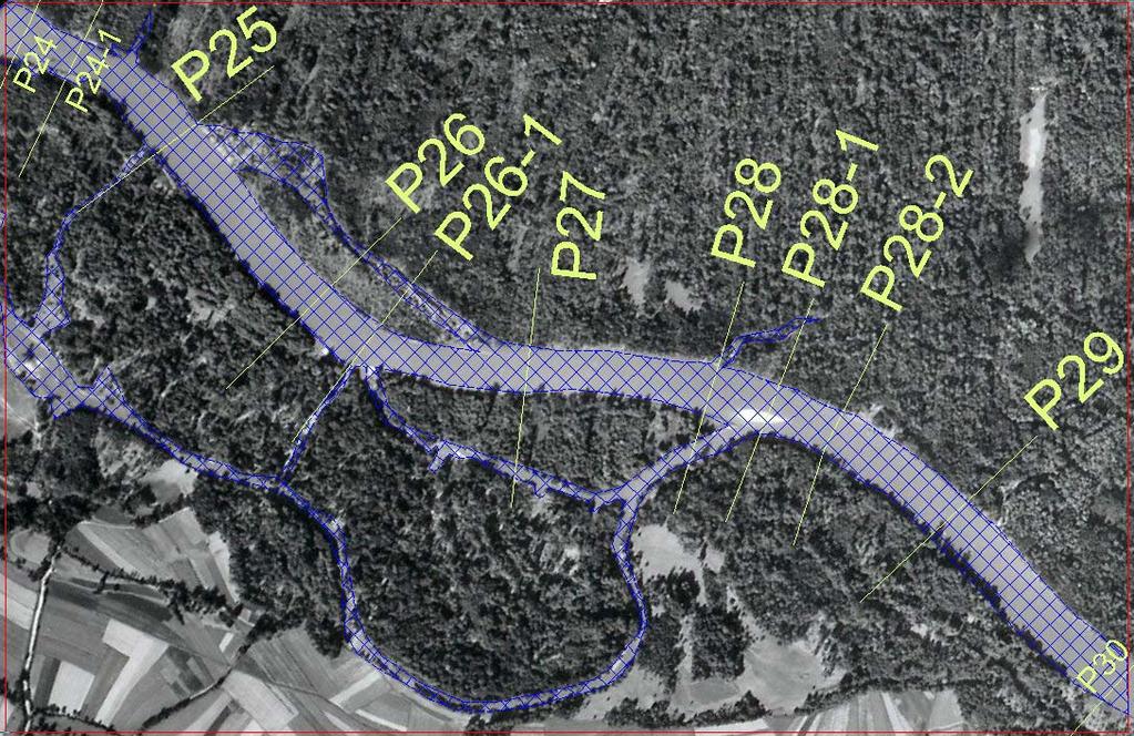 3.3 Sprememba morfologije reke Mure Slika 4 prikazuje vodne površine leta 1954. Njihova velikost je bila 27,1 ha, skupna dolžina rokavov 3.850 m. Na iztoku rokava (»P28-2«) je bilo prodišče.