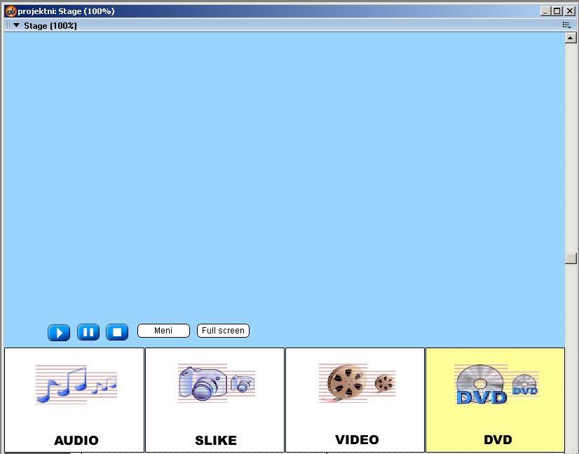 Na ovoj slici prikazan je izgled interfejsa kada se u meniju izabere DVD. Kao što se vidi tu su dugmići koji služe za reprodukciju i dugmići Meni i Full screen.