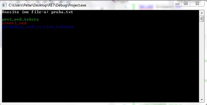 5. Pokretanje programa i test Test fajl se zove proba.txt i nalazi se u folderu gde i sam program. Program će tražiti unošenje imena fajla gde se treba uneti proba.txt i pritisnuti enter.