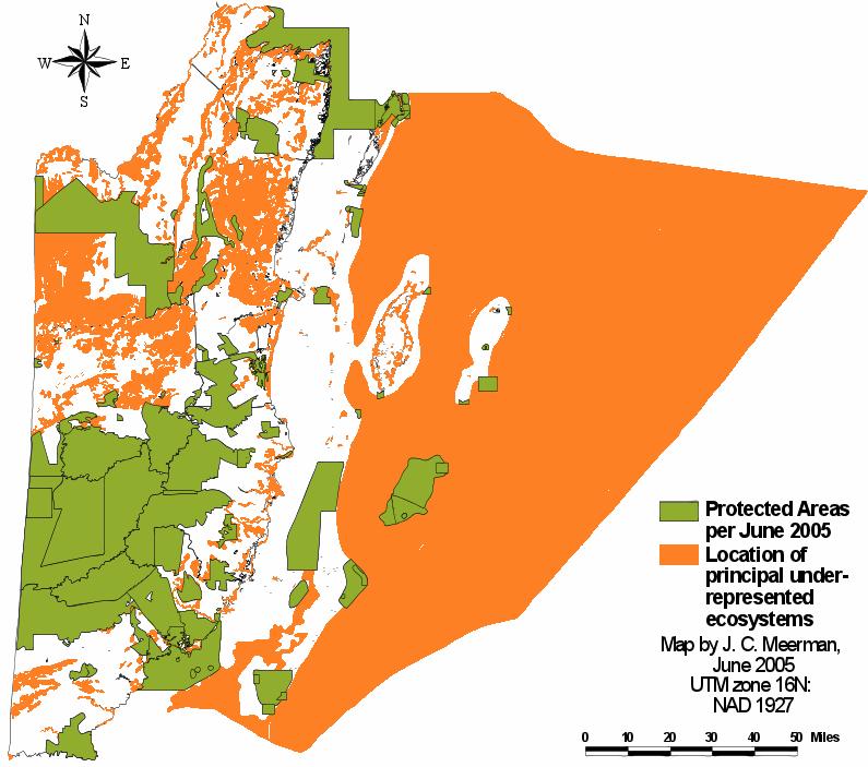 Figure 4. Location of the principal under-represented ecosystems within the current Protected Areas System.