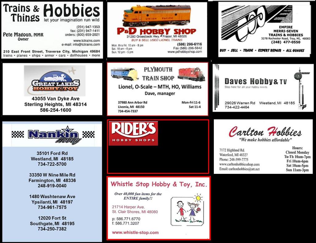 HOBBY SHOP & BUSINESS CORNER OTHER HOBBY SHOPS in the NCR Whistle Stop Hobbies & Crafts, Decatur, IN Phil's Hobby Shop, Fort Wayne, IN The Gladieux Train Depot, Oregon, OH Jackie s Trains & Gifts,
