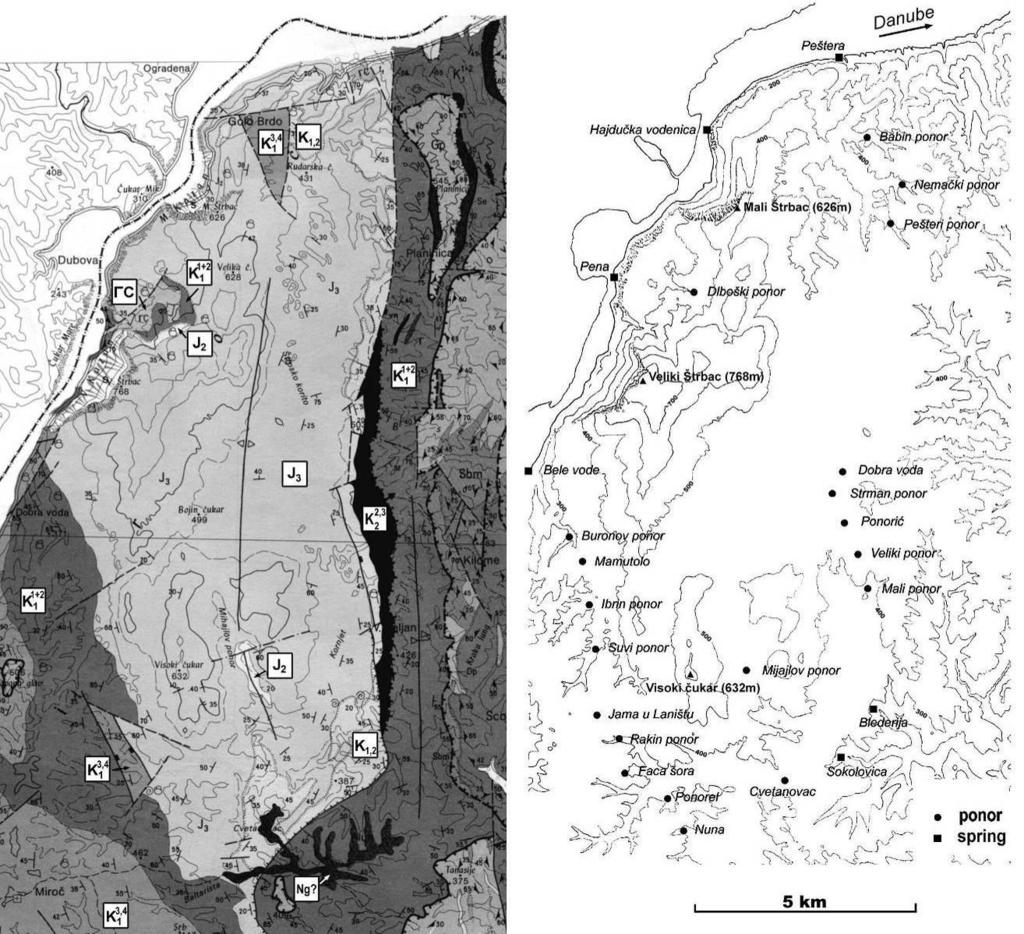 Figure 2 Karst areas in the Djerdap gorge. Only small part of Miroč karst continues on the left river bank. (MENKOVIĆ 1995) Figure 3 Geological map of Mt.