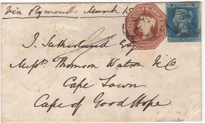 1853 MARCH 12, 1853: Stanhope, England to Cape Town, Cape of Good Hope via Plymouth Packet paying 1/- rate with 1848 10d Embossed and