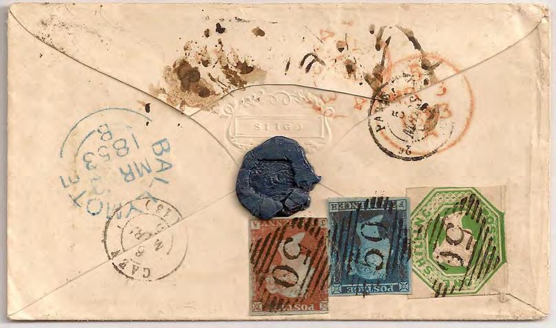 MARCH 2, 1853: Ballymote, Ireland to Caen, France paying 1s 3d rate for a letter of under 15 grams in an unusual fashion with the stamps
