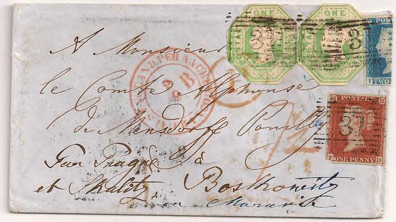 1853 SEPTEMBER 6, 1853: Ballater, Scotland to Boskowice, Moravia paying 2s 5d rate with 1841 1/- Embossed Pair, 1841 2d Blue Pair (wrapped around edge) and 1841 1d Red.