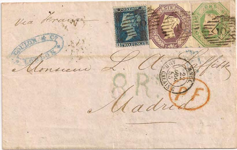 Franked with 1847 1/- Embossed, 1854 6d Embossed and 1854 2d Blue. Due 8 Reales in Madrid.