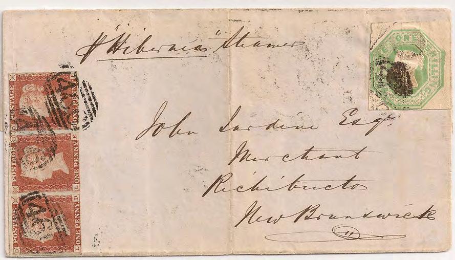 New Brunswick per Cunard Hibernia via Halifax, Nova Scotia paying 1s 2d rate plus 1d Late Fee with 1847 1/- Embossed (partly affixed with