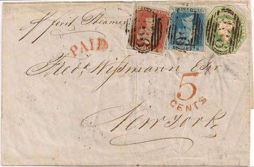 1849 JULY 7, 1849: Liverpool, England to New York, NY per Cunard Caledonia paying Treaty Rate of 1/- plus 3d Late