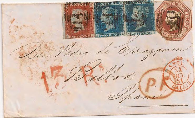 1851 OCTOBER 22, 1851: Redditch, England to Bilbao, Spain paying the 1s 3d rate for a letter of under 15 grams (1/2 ounce) to the