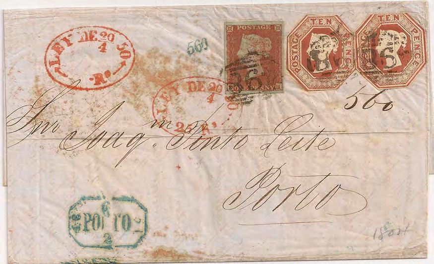 Letter franked with 1848 10d Embossed (usual for the lower ¼ ounce rate), a pair of 1841 2d Blues, and an 1841 1d Red.