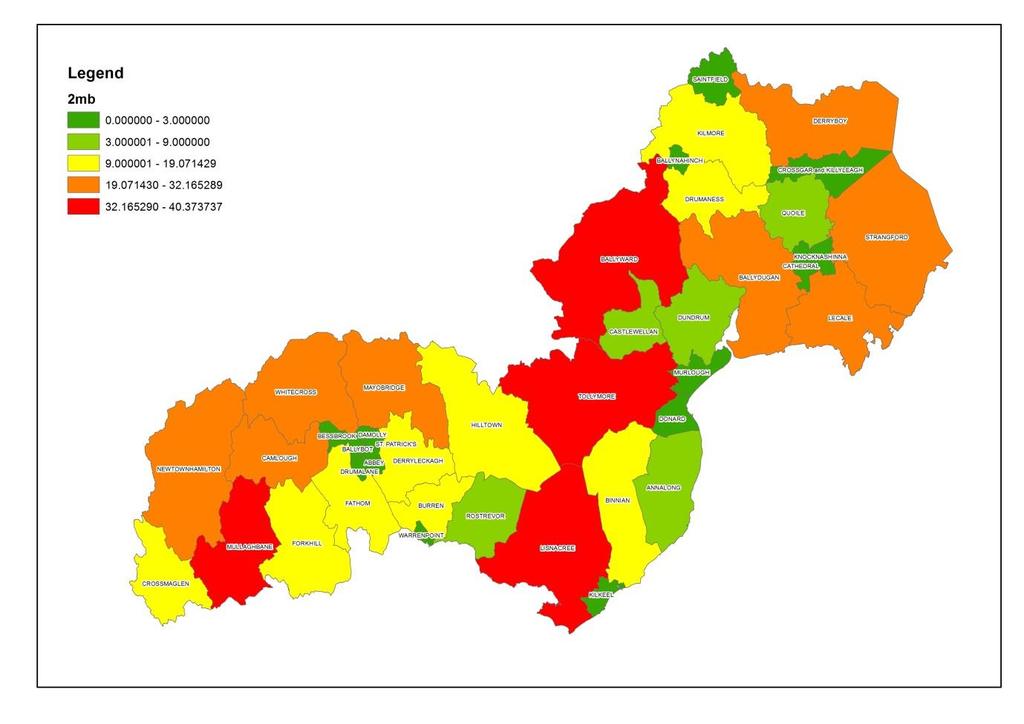 Below are colour coded maps of the district broken down into wards showing the 2, 5 and 10Mbit/s of broadband across our district.