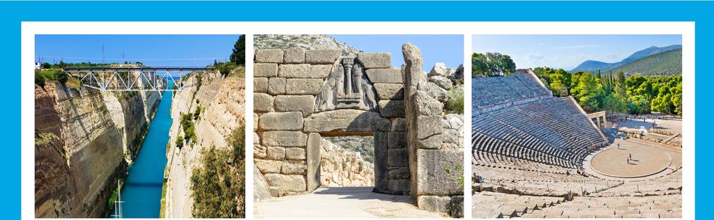 Photo stop at the Corinth Canal Walk under the Lions Gate Visit the Ancient Theater in Epidaurus FULL DAY TOUR TO MYCENAE & EPIDAURUS TOUR INCLUSIVE OF LUNCH (With Two- and Three-Night Packages)