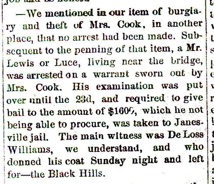 Deloss Williams Evansville, Wisconsin October 17, 1877, Evansville Review, p. 3, col.