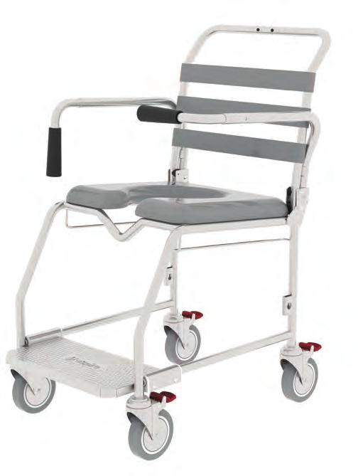 4x total locking stainless steel castors provide brake access from all angles Safety arms prevent falls and swing back out of the way for transfers Swing Away Footrests Open
