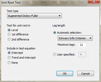 Ở khung test type: để mặc định Augmented Dickey-Fuller Ở khung test for unit root in, ta có 3 lựa chọn như ở kiểm tra