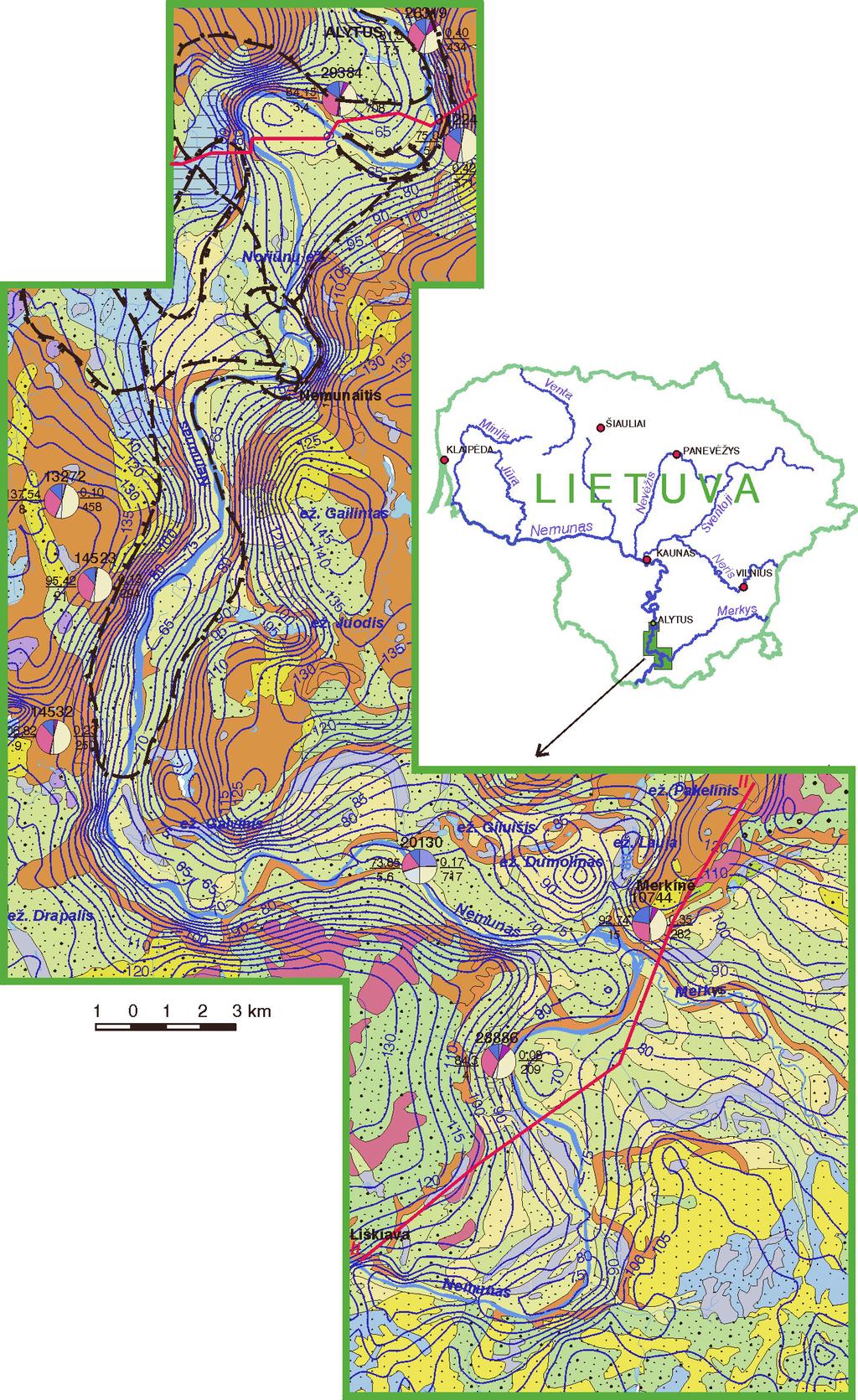 1 pav. Kvartero hidrogeologinė schema. Sudarė G. Čyžius, G. Marcinkevičienė. Geologinis pagrindas (Guobytė, 1998). Sutartinius ženklus žr. kitame puslapyje.