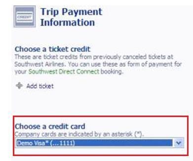 Your Southwest Direct Connect booking is instant purchase, so make sure you are selecting the correct credit card.