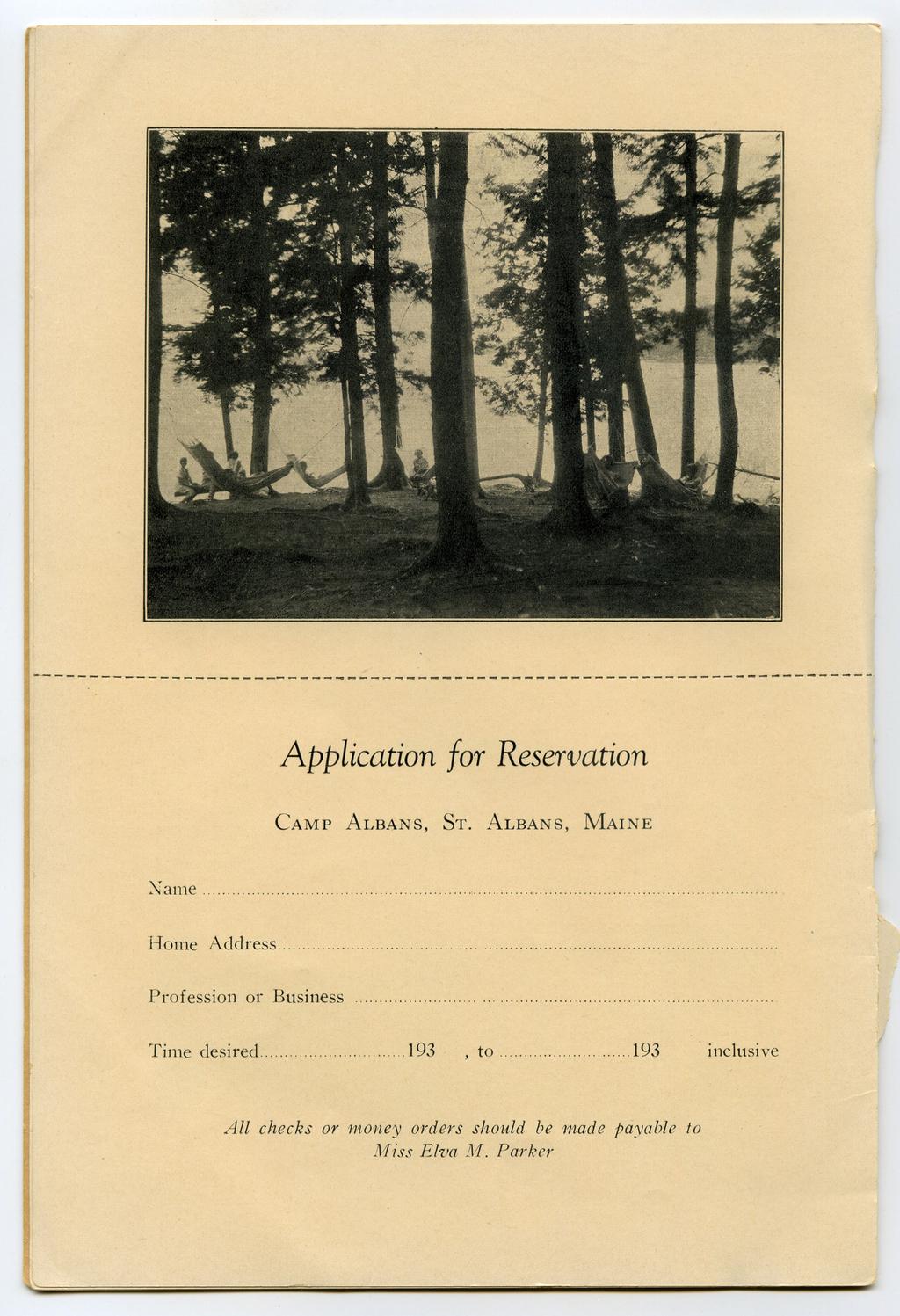 ------------------------------------------------------------------------------------- Application for Reservation Camp Albans, St. Albans, Maine Name.