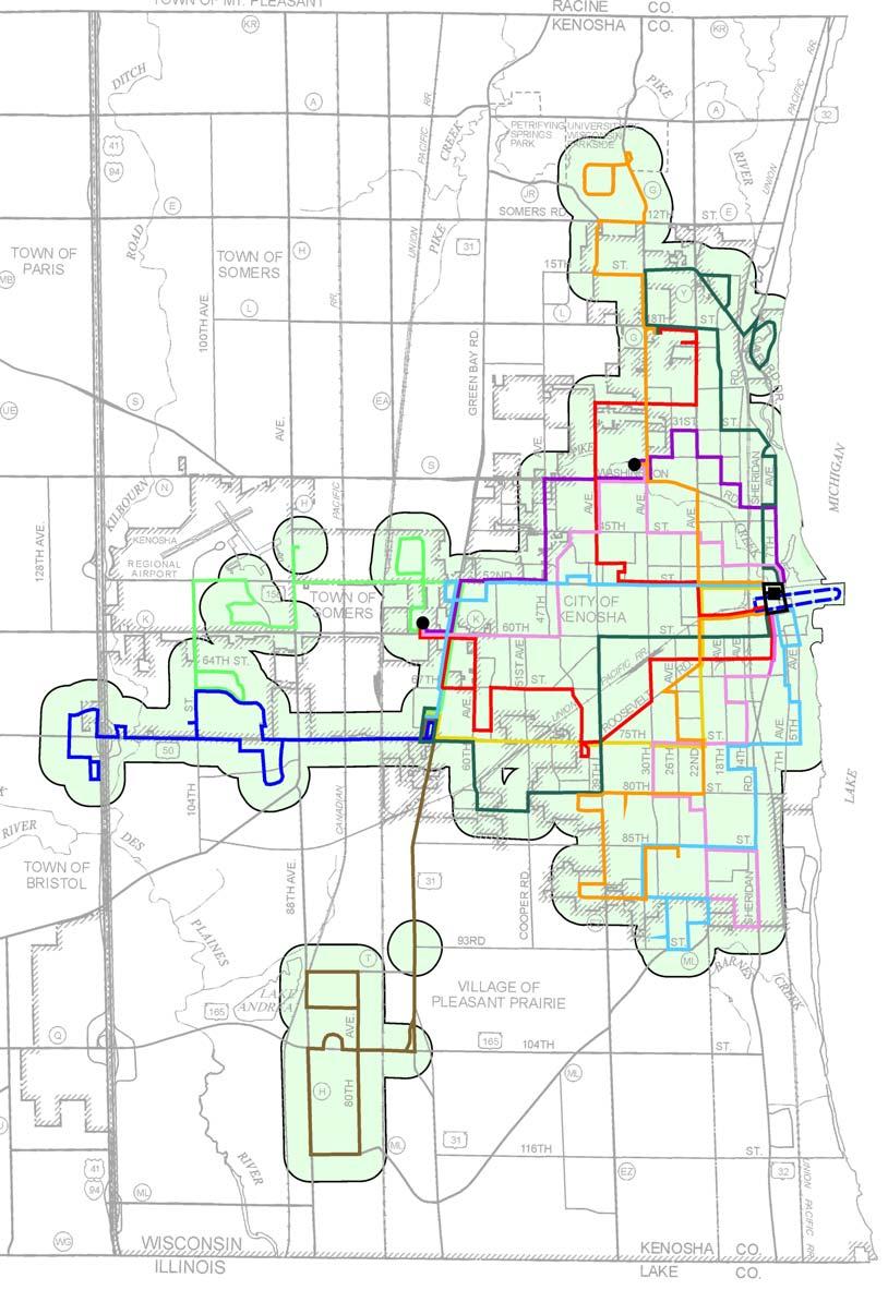 Existing Public Transit SEWRPC Kenosha Area Transit System Current Service Network 10 regular bus routes plus school day routes for Kenosha area schools 1 streetcar route in downtown Kenosha Days and