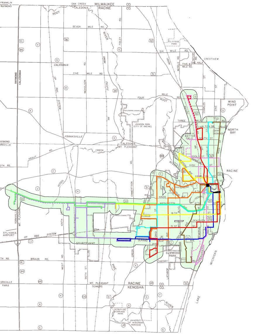 Existing Public Transit Racine Belle Urban System Current Service Network: 7 regular bus routes plus 2 shuttle routes for industrial/business parks and 1 route for Racine area schools Days and Hours