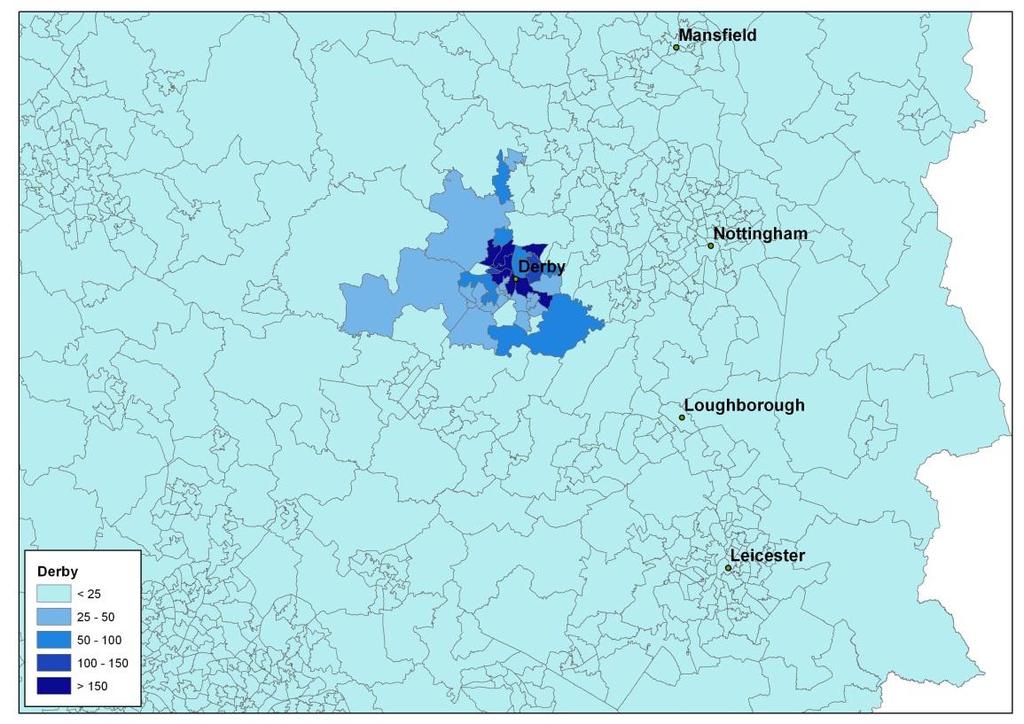 6 East Midlands 6.3.7 Figure 6.3 shows where the passengers accessing Derby by car come from, and Figure 6.4 shows where the passengers accessing Derby by public transport come from.