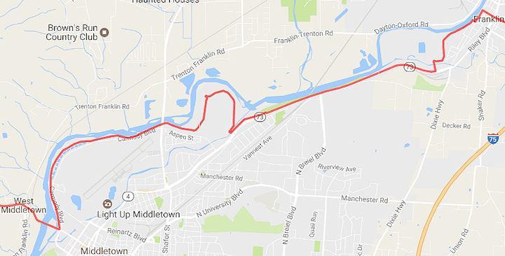 14.0 T/R at the RR tracks, then T/L following the Great Miami River Recreational Trail 14.9 T/L onto Baxter Drive, then T/R onto dual-lane Verity Pkwy./SR 73 (wide shoulder) enter Middletown 17.