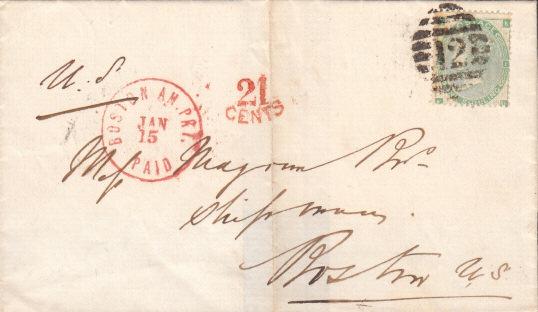 In such a case the British exchange office would have marked the cover with a red 21 cents accountancy mark to credit the US Post Office for 16 cents ocean postage and 5c domestic postage.