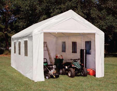 Hercules Snow Load 10ft X 20ft 10ft8in Wide x 20ft Deep x 6ft8in Side Height / 9ft6in Center Height King Canopy Item #: HC1020PCSL With 8 Legs, Cable Truss System, Cover, 4 Piece Zippered Side-Wall