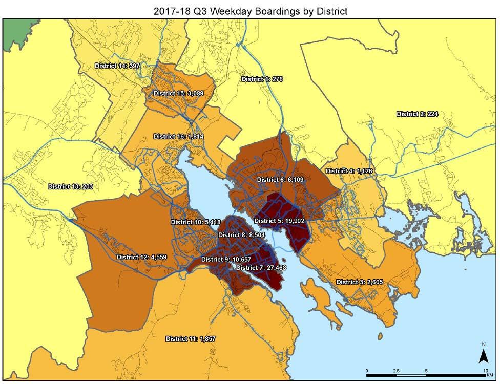 Boardings by District To assist in visualizing where ridership demands exist, boardings have been mapped by district.