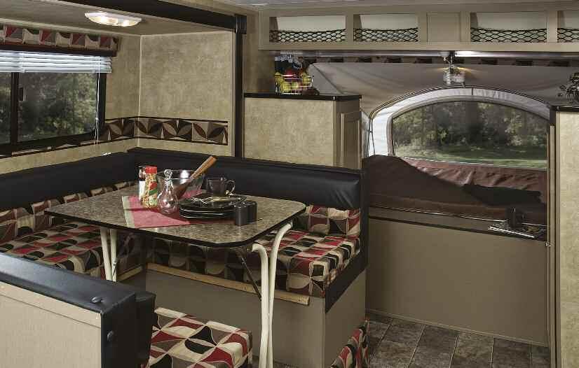 The attractive Lava décor makes a bold statement and the folding dinette table is conveniently