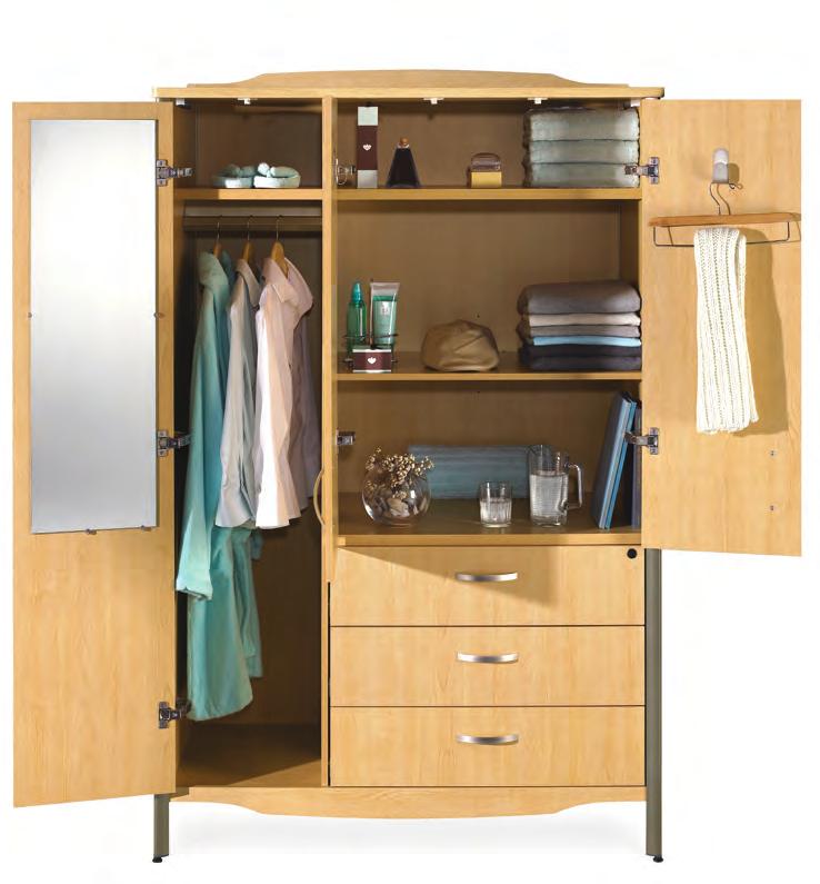 Two door wardrobe cabinet with full height and half height hanging storage and fixed shelf storage.
