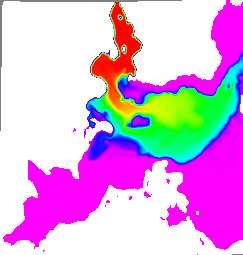 Idealised results with GETM Simulation of salt water intrusion through the Sound over Drogden Sill. Shown is bottom salt concentration during passage of salt plume towards Bornholm Sea.