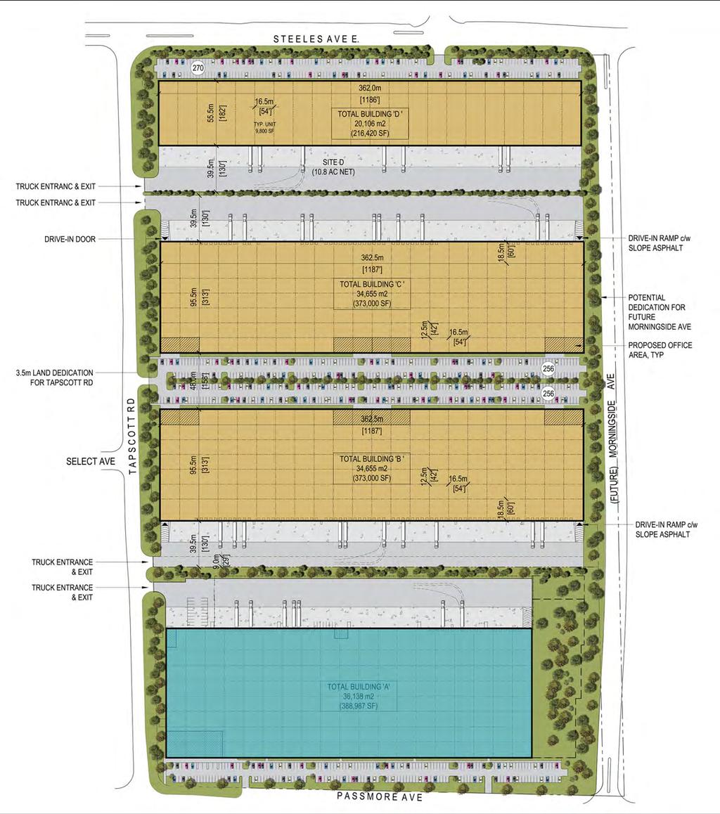 site plan SPEC BUILDING ONE AND TWO BOTH HAVE THE FOLLOWING SPECIFICATIONS: BUILDING AREA: 373,000 SF OFFICE AREA: 3% (DIVISABLE TO 65,000 SF) BUILDING ENVELOPE: WHITE PRECAST FLEXWALL CLEAR HEIGHT: