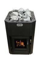 Small sauna stove (steel casing) - Mini heater model PS-110 GL with heated area 5-12 m³; stove height 60 сm» glass door (200 x 220 mm)» upper chimney