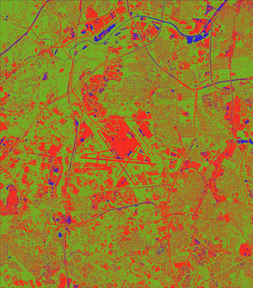 Figure 4a. BWI IKONOS Classified Image. Red Urban/built-Up, Green Vegetation, and Blue - Water Bodies; the image was clumped using ENVI s classification procedures.