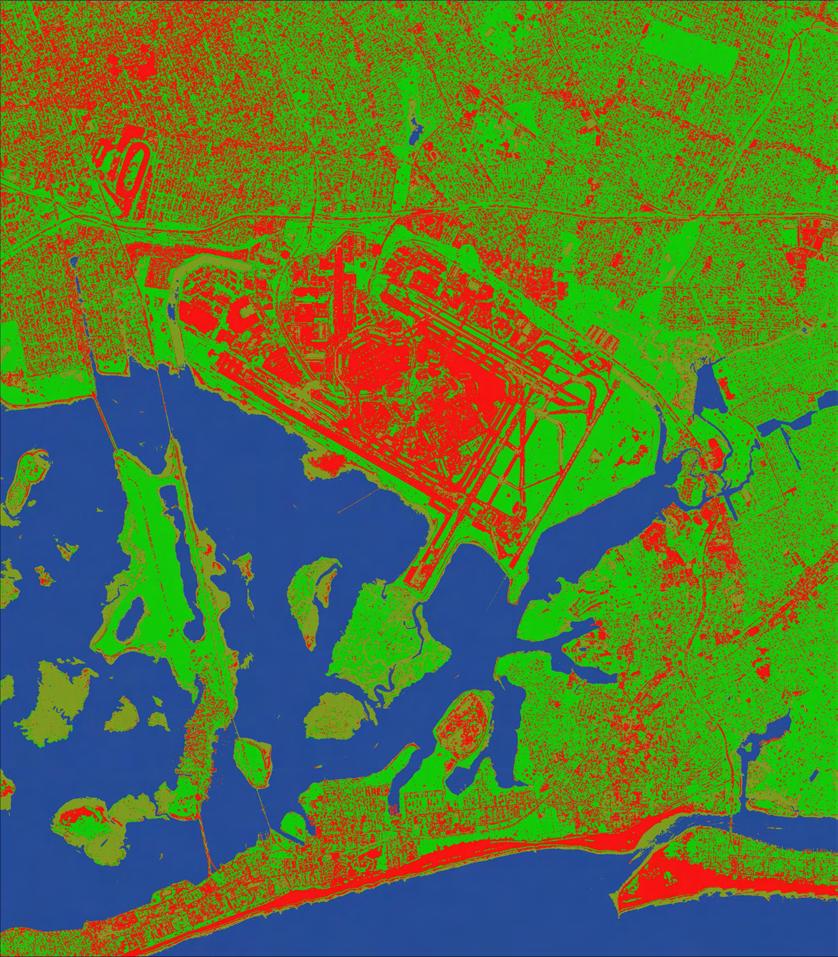 Figure 4b. JFK IKONOS Classified Image (Clumped; Red Urban/built-Up, Green Vegetation, Blue - Water Bodies, and Olive Green- Marsh/Wetlands).
