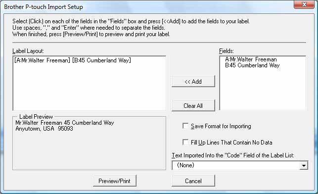 2 U traci/standardnoj alatnoj traci programa Microsoft Excel kliknite. Pojavljuje se dijaloški okvir [Brother P-touch Import Setup].