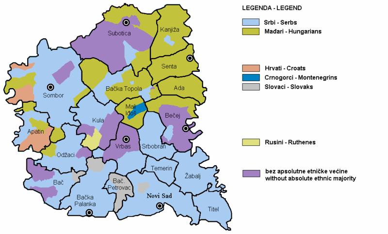 The ethnic structure of Bačka according to the 2002 Census (Institut za demografiju, 2004) (1 cm on the map = about 10 km in nature) Structura etnică a regiunii Bačka conform