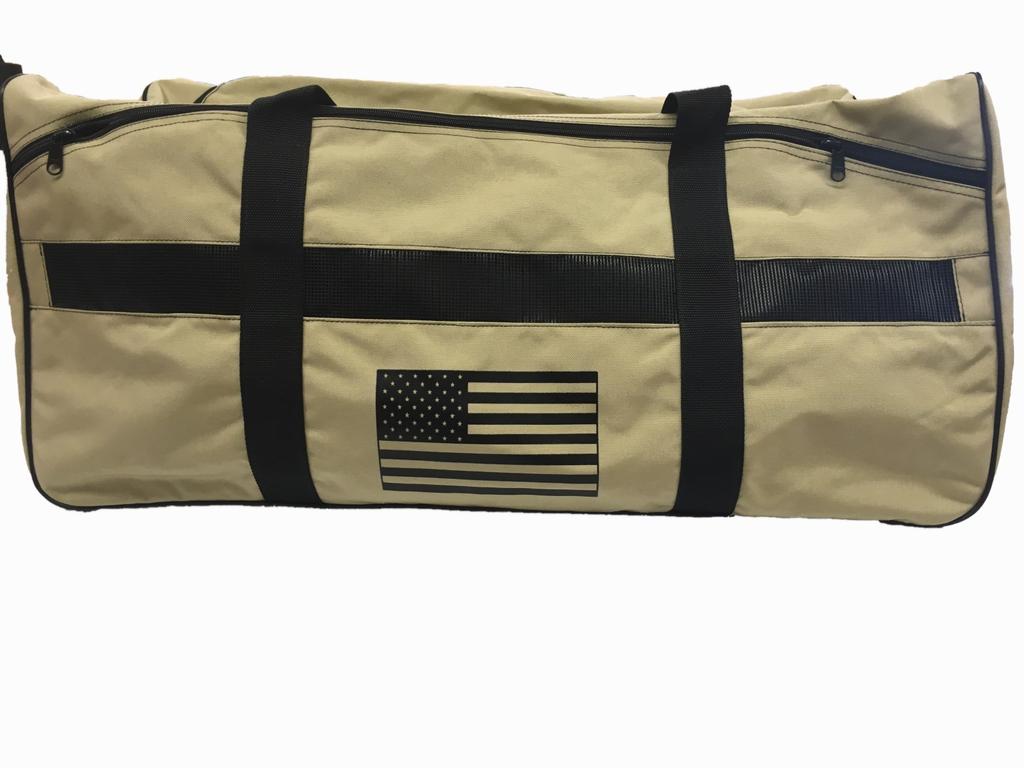 Available in Black and Red. Black - ITEM #BD33; Red - ITEM #RD33 Desert Tan Duffel w/ Black Flag 33 L x 15 H x 15 W Our Desert Tan Duffel is big, tough, and patriotic!