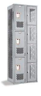 The door frame and locker side are 16 gauge. The backs, tops and bottoms of each group of lockers are made from one piece of steel that spans multiple lockers.