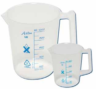 Beaker ~ Beaker with Handle Heatable Beakers, PTFE Fluoropolymer Totally chemical resistant and inert PTFE beaker For use with Hydrof uoric Acid and caustic chemicals Use to 270 C without distortion